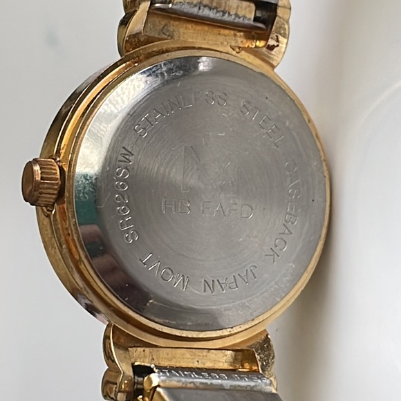 Vintage CM brand quartz elastic stretch band watch in gold tone metal and steel - Picture 4 of 5